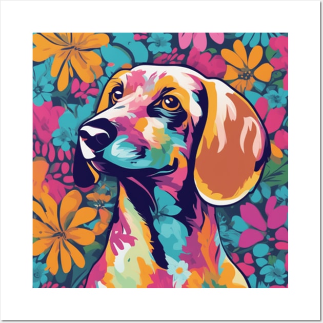 Dashing Dachshund, vibrant dog surrounded by flowers Wall Art by Sieve's Weave's